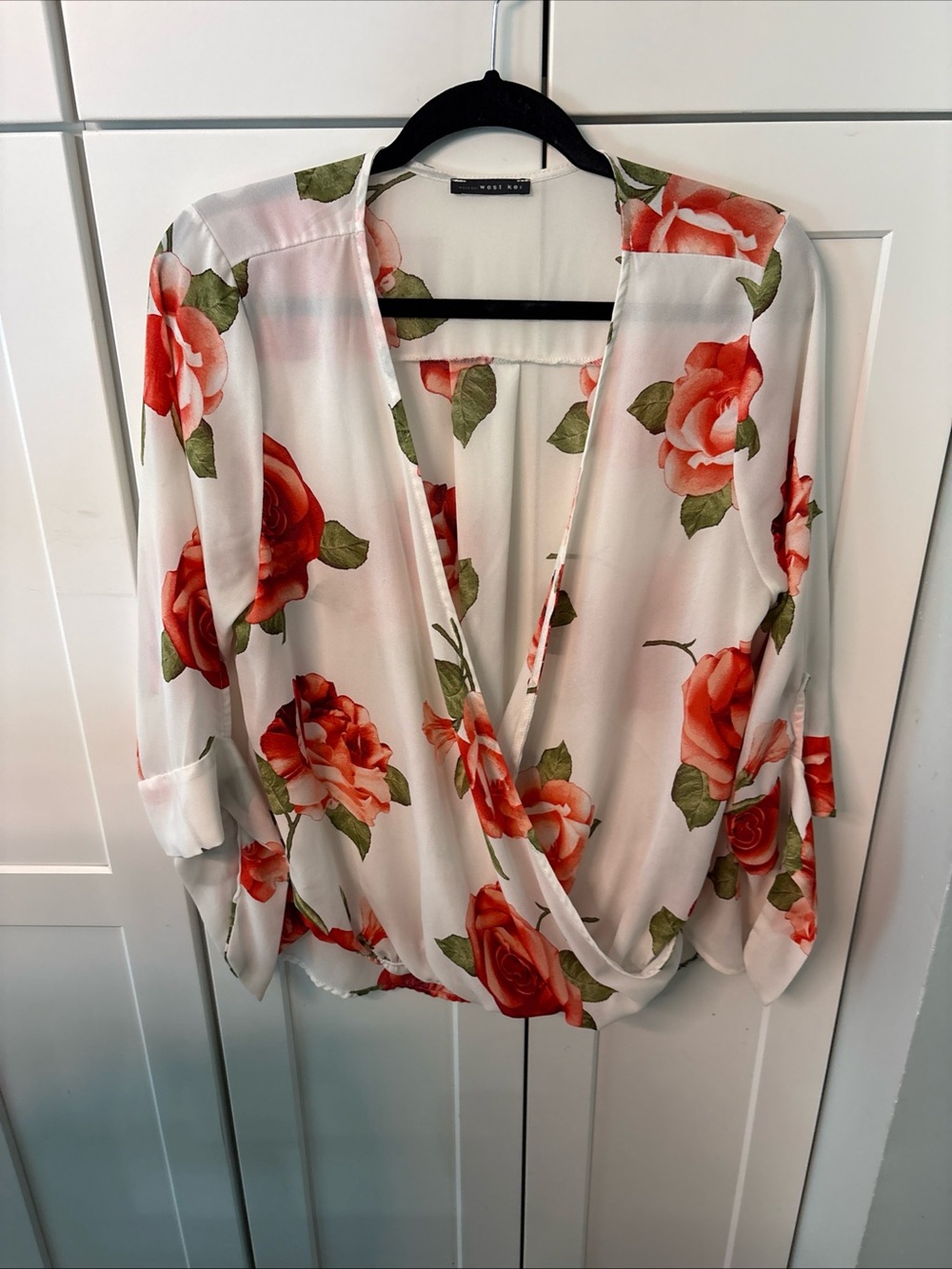 West Kei White Wrap Blouse with Coral Rose Print XL